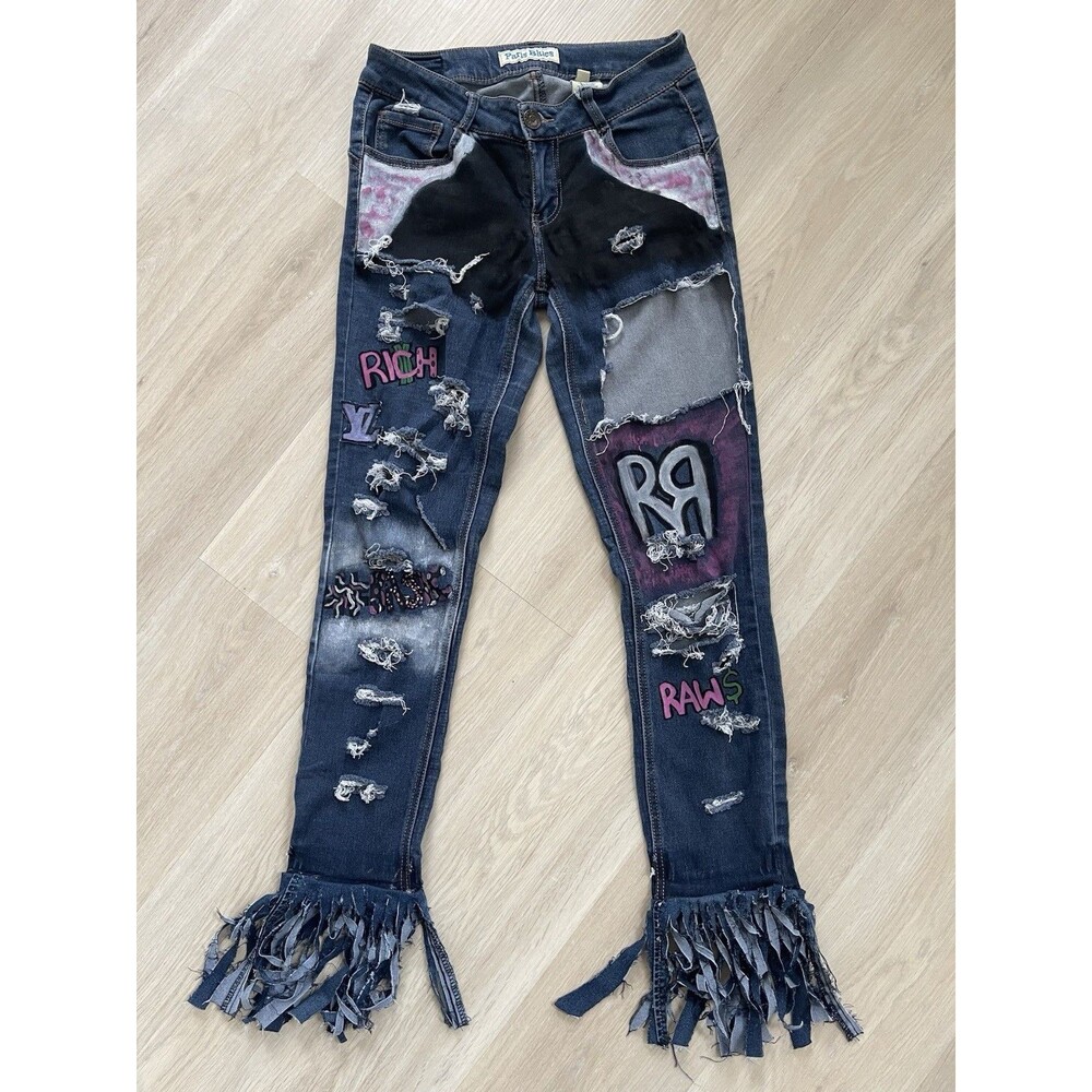 Paris Blues Y2K Vibe Patchwork Distressed Fringe Hem Skinny Jeans Blue Size 7